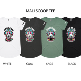 Four short-sleeve scoop-neck T-shirts shown side by side on a white background, labeled White, Coal, Sage, and Black. Each shirt has a colorful graphic of a stylized puppy dog skeleton with the text 'RIDE OR DIE' above it.