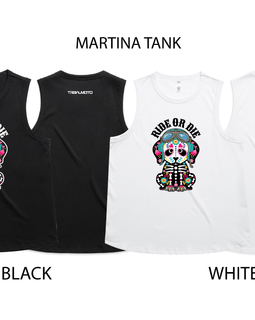 Two sleeveless tank tops labeled MARTINA TANK are shown side by side on a white background: one black version with a colorful skull graphic and text, and one white version with the same graphic. The words BLACK and WHITE appear below each respective shirt.