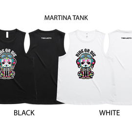 Two sleeveless tank tops labeled MARTINA TANK are shown side by side on a white background: one black version with a colorful skull graphic and text, and one white version with the same graphic. The words BLACK and WHITE appear below each respective shirt.
