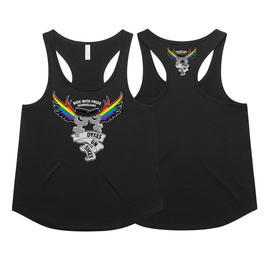 Black tank tops with a rainbow and eagle design on a white background