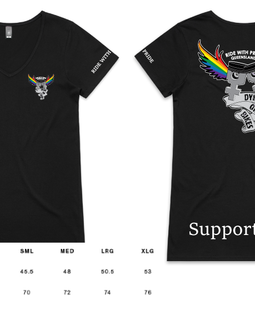 Black t-shirt with graphic design and 'Support-Her' text on a white background