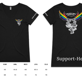 Black t-shirt with graphic design and 'Support-Her' text on a white background