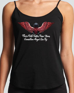 Design of a lady motorbike rider wearing a helmet, with long red hair and gorgeous angel wings. Under her are the words Never ride faster than your guardian angel - on a black string singlet front
