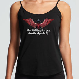 Design of a lady motorbike rider wearing a helmet, with long red hair and gorgeous angel wings. Under her are the words Never ride faster than your guardian angel - on a black string singlet front