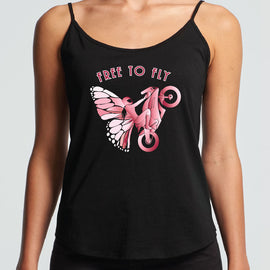 singlet front black free to fly words and motorcycle rider female