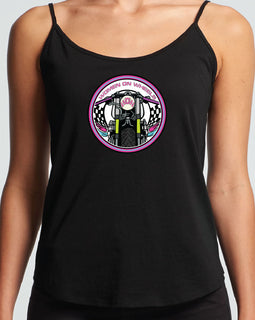 WOW Women on Wheels black string singlet