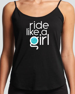 Ride like a girl design on black ladies singlet.