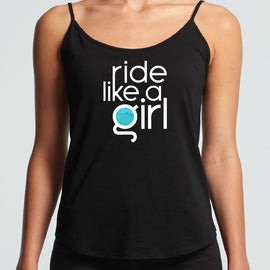 Ride like a girl design on black ladies singlet.