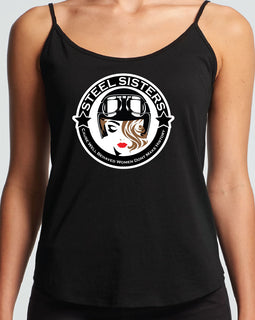 White women's string singlet with image of lady wearing helmet with words in a circle around her.