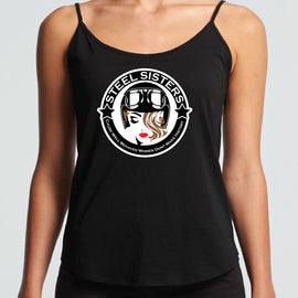 White women's string singlet with image of lady wearing helmet with words in a circle around her.