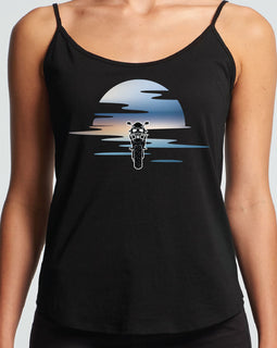 Motorbike sunset on black ladies string singlet.