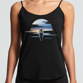 Motorbike sunset on black ladies string singlet.