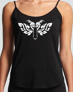 Tribal heart motorbike with wings design on black string singlet