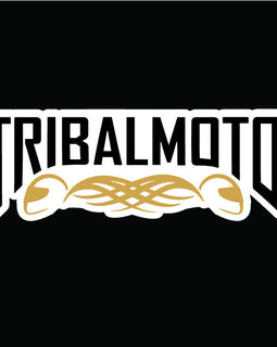 This design includes the words TribalMoto across the front or back. Nestled in beneath are two helmets crossed over as a decal