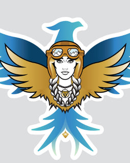 A stylized die-cut sticker featuring a bird with large wings in blue and gold, wearing aviator goggles and a necklace, centered on a light gray background.