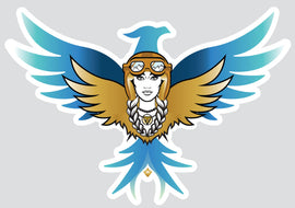 A stylized die-cut sticker featuring a bird with large wings in blue and gold, wearing aviator goggles and a necklace, centered on a light gray background.