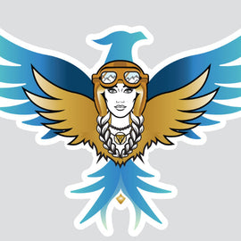 A stylized die-cut sticker featuring a bird with large wings in blue and gold, wearing aviator goggles and a necklace, centered on a light gray background.