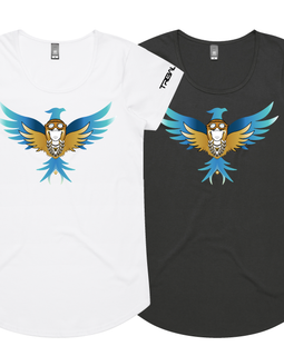 Two women's short-sleeve t-shirts shown on a plain white background, one white and one black, both featuring a colorful parrot graphic on the front with blue wings and a gold-and-white beak.