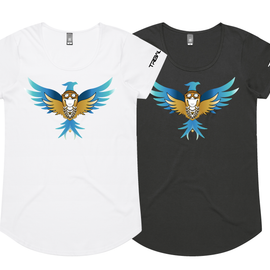 Two women's short-sleeve t-shirts shown on a plain white background, one white and one black, both featuring a colorful parrot graphic on the front with blue wings and a gold-and-white beak.