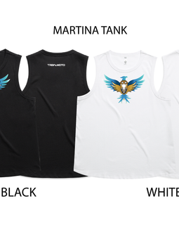 Two sleeveless tank tops labeled MARTINA TANK are shown side by side on a white background, with text indicating BLACK on the left and WHITE on the right. Each top features a colorful eagle graphic on the chest.