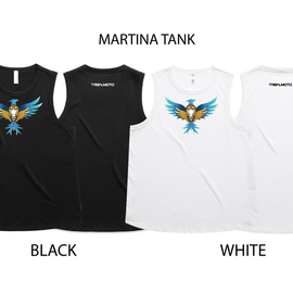 Two sleeveless tank tops labeled MARTINA TANK are shown side by side on a white background, with text indicating BLACK on the left and WHITE on the right. Each top features a colorful eagle graphic on the chest.