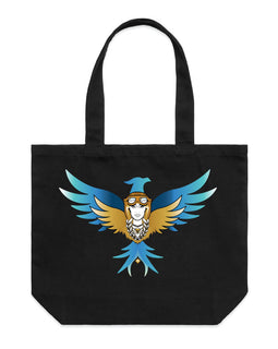 A black canvas tote bag with a colorful graphic of a bird character wearing goggles and a graduation cap, set against a plain white background.