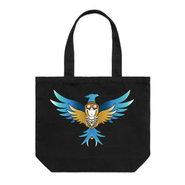 A black canvas tote bag with a colorful graphic of a bird character wearing goggles and a graduation cap, set against a plain white background.