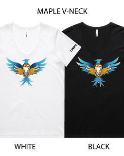 Two short-sleeve V-neck T-shirts shown side by side on a white background, labeled MAPLE V-NECK at the top and WHITE / BLACK at the bottom. The left shirt is white with a blue, gold, and brown bird graphic on the chest; the right shirt is black with the same bird graphic.