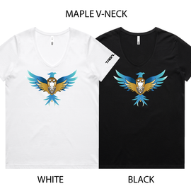 Two short-sleeve V-neck T-shirts shown side by side on a white background, labeled MAPLE V-NECK at the top and WHITE / BLACK at the bottom. The left shirt is white with a blue, gold, and brown bird graphic on the chest; the right shirt is black with the same bird graphic.