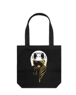 Black tall tote with design of lady in motorcycle helmet with gold features