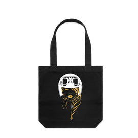 Black tall tote with design of lady in motorcycle helmet with gold features