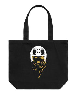 Black wide tote with design of lady in motorcycle helmet with gold features
