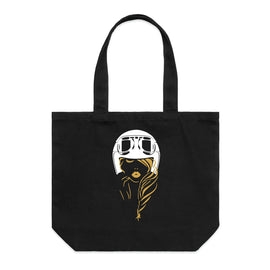 Black wide tote with design of lady in motorcycle helmet with gold features
