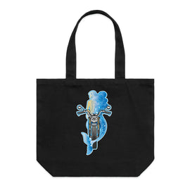 Wide black tote bag with image of mermaid on motorbike.