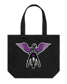 Purple winged rider tote bag