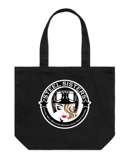 Wide black tote bag with image of lady in motorcycle helmet