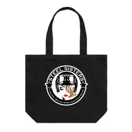 Wide black tote bag with image of lady in motorcycle helmet