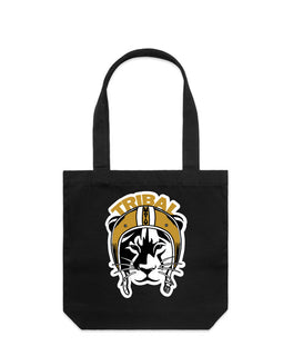 Tall tote bag with image of lioness in motorbike helmet.