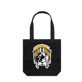 Tall tote bag with image of lioness in motorbike helmet.