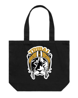 Wide tote bag with image of lioness in motorbike helmet.