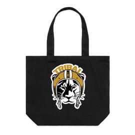 Wide tote bag with image of lioness in motorbike helmet.