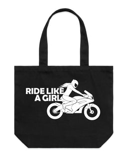 Ride like a girl motorbike tote bag