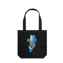 Tall black tote bag with image of mermaid on motorbike.