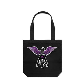Purple winged rider tote bag