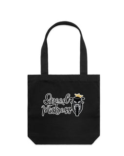 Tall black tote bag with image of a motorbike and the words speed mistress