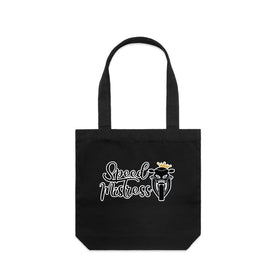 Tall black tote bag with image of a motorbike and the words speed mistress