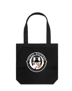 Tall black tote bag with image of lady in motorcycle helmet