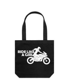 Ride like a girl motorbike tote bag