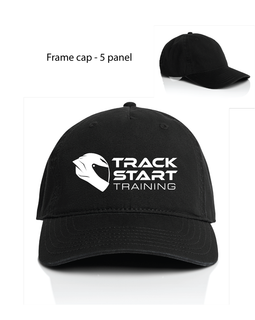 Black 5-panel frame cap with a white 'TRACK START TRAINING' logo and helmet graphic on the front, shown on a white background with a smaller top-right view of the cap and text reading 'Frame cap - 5 panel'.