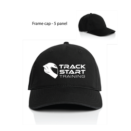 Black 5-panel frame cap with a white 'TRACK START TRAINING' logo and helmet graphic on the front, shown on a white background with a smaller top-right view of the cap and text reading 'Frame cap - 5 panel'.